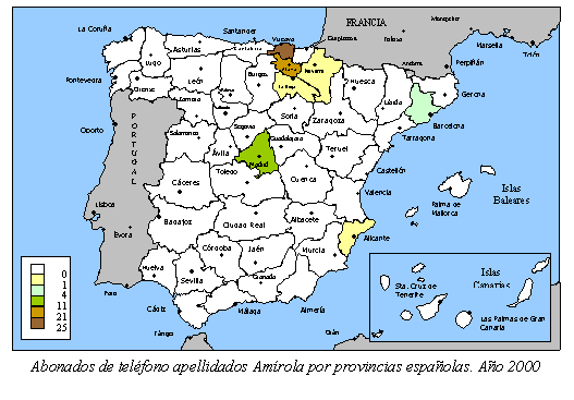 Cuadro de texto:  
Abonados de teléfono apellidados Amírola por provincias españolas. Año 2000

